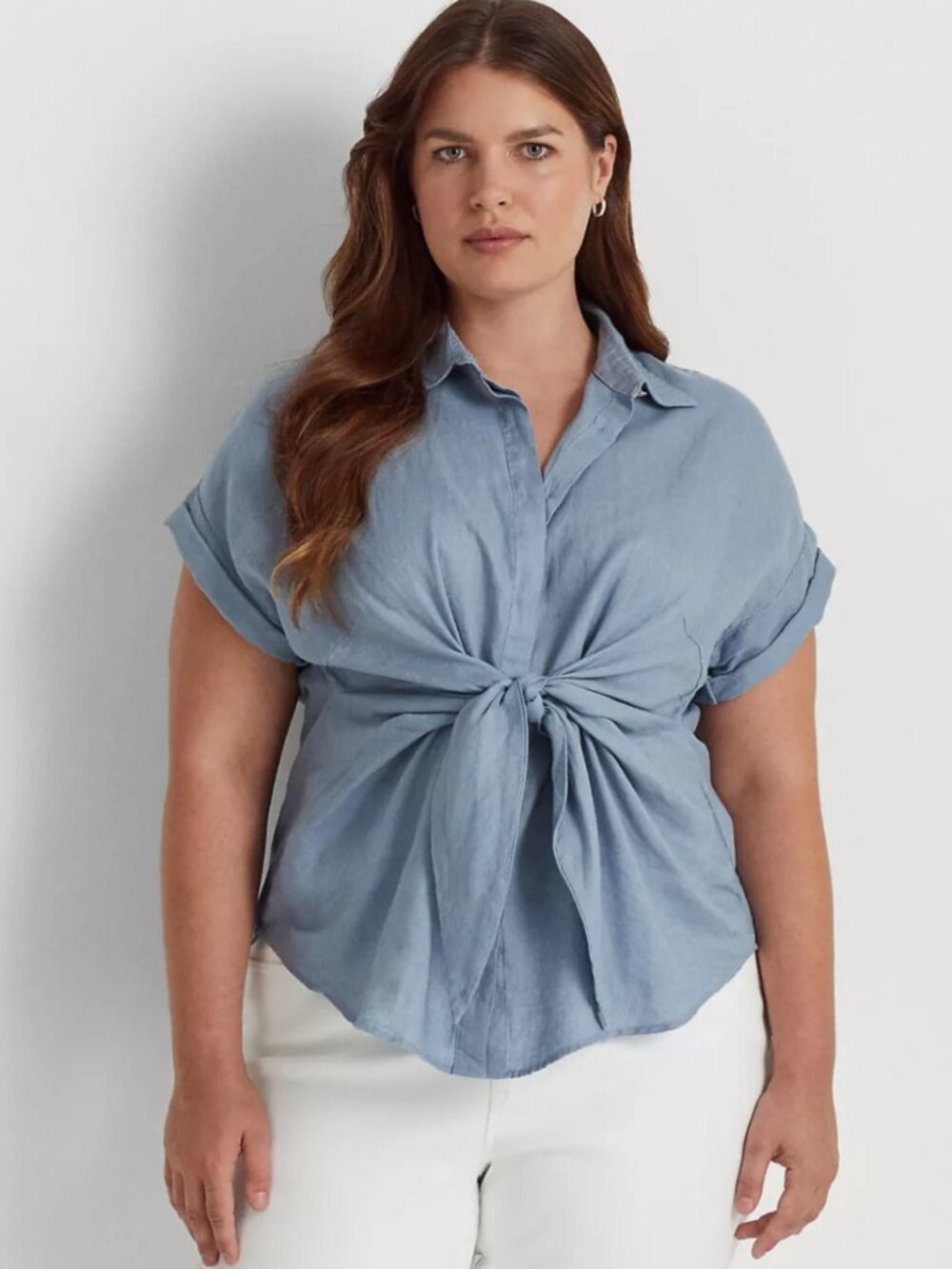 Lauren Ralph Lauren Linen Tie Front Shirt Ashley Blue Size SP NWT